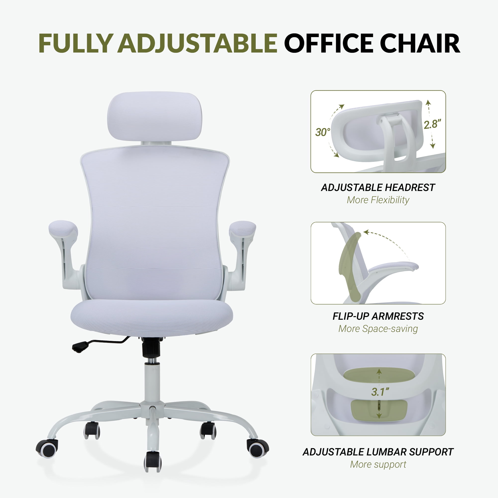 AFO High Back Ergonomic Office Chair, Adjustable Lumbar Support & Headrest Mesh Desk Chair with Flip-Up Arms, 275lbs Heavy Duty Metal Base Computer Task Chair for Home Office, White