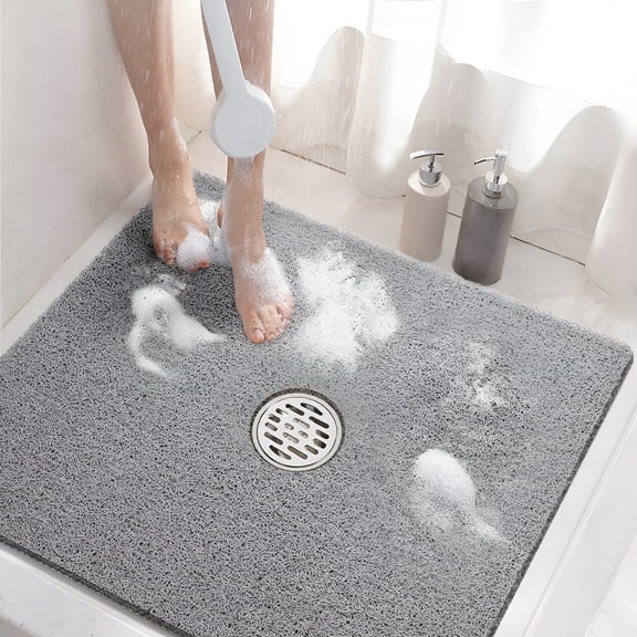 RLESO Square Shower Mat,24" X 24" Non Slip Bath Mat for Tub,Soft Pvc Bathtub Mats with Drain Holes,Quick Drying Bathroom Stall Floor Mat,Bathroom Accessories Without Suction Cup,Gray