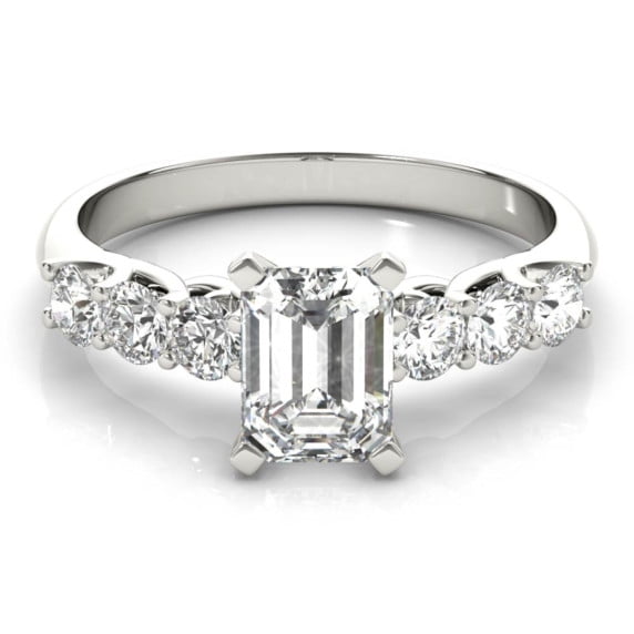 Lina Jewel 1.92 Ct Emerald Cut Diamond Solitaire with Accent Ring - Seven Stone Diamond Design - Split Shank Prong Setting - 14K White Gold Plated Ring for Her - Elegant Gift - Radiant Diamond Ring