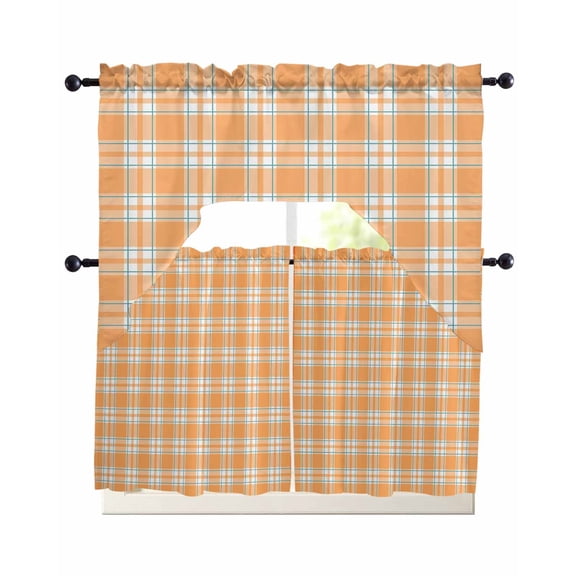 Orange White Check Swag Curtains for Living Room/Bedroom Windows, Farmhouse Fall Buffalo Plaid Kitchen Curtains and Valances Set 36 Inch Length, Light Filtering Swags Valance Curtain Panels