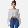 thumbnail image 2 of Women's Cropped Long Sleeve Pullover with Wide Boat Neck - Small, White, 2 of 7
