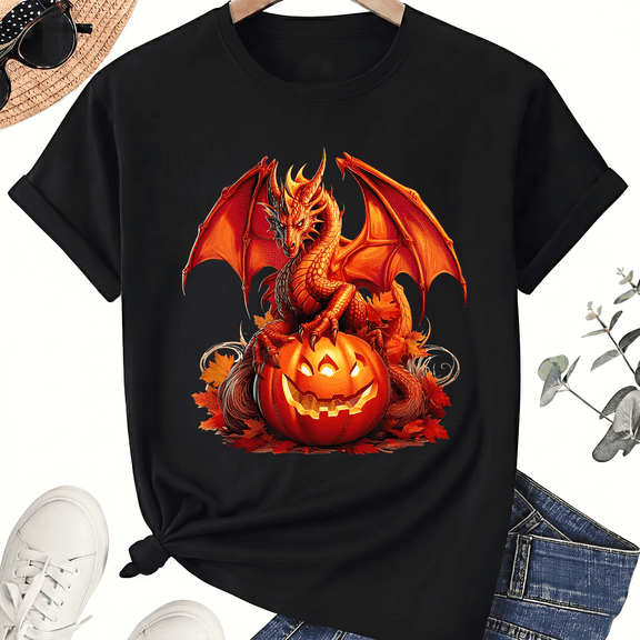 KeHetSoft Unisex Halloween Dragon Pumpkin Cotton Graphic T-Shirt