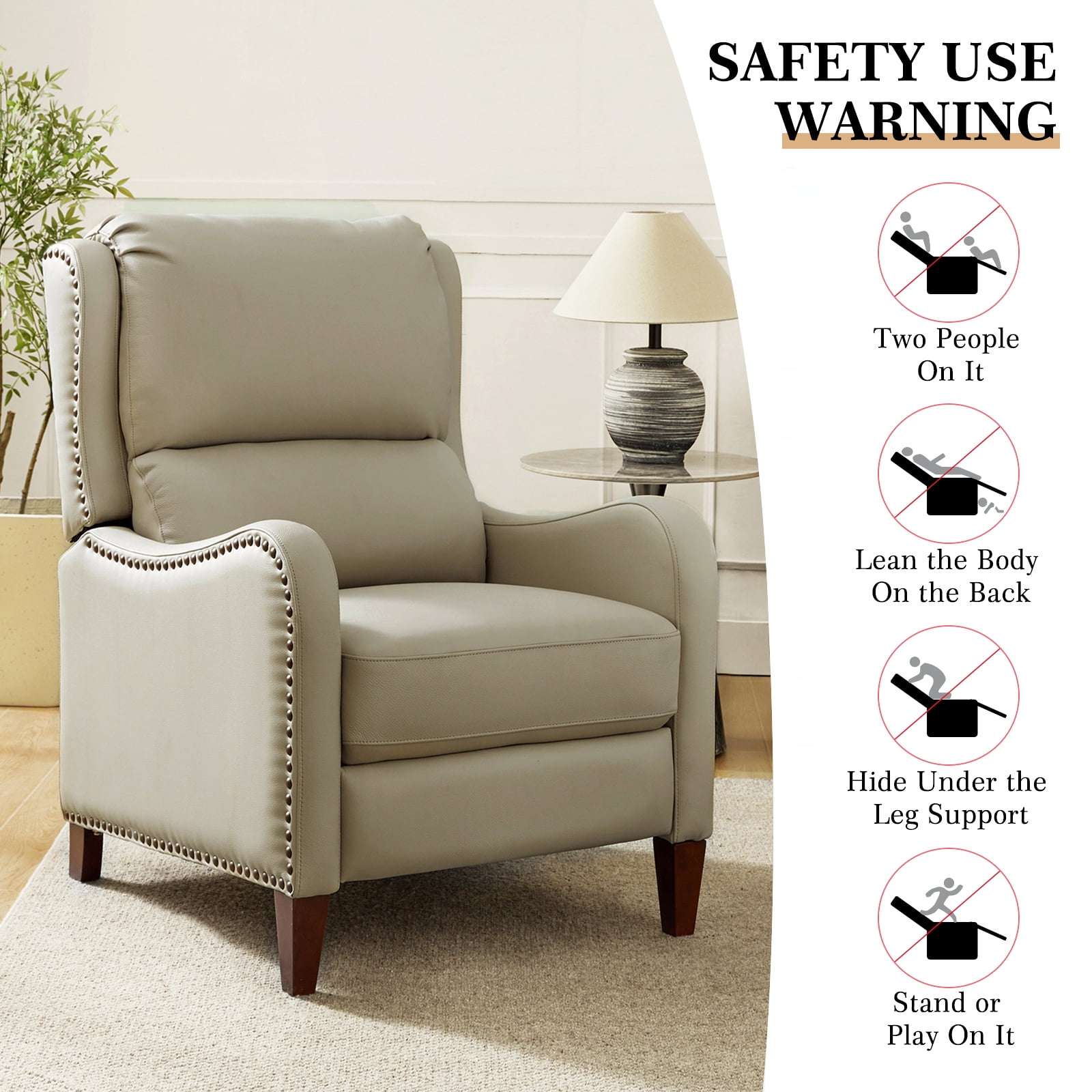 Genuine Leather Recliner Chair Push Back Upholstered Armchair Wingback Lounge Sofa Wood Leg Home Decor Living Room Beige
