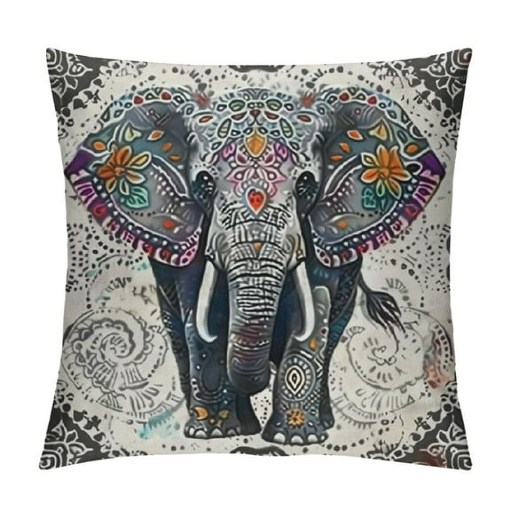 Creowell  Elephant Throw Pillow Cover, Ethnic Style Bohemian Pattern Creative Animal Elephant Gray Decorative Pillow Case Home Decor Square Pillowcase White
