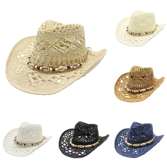 Xijirk Straw Cowboy Hat with Shell Bead Band Wide Brim Sun Hat for Beach Farm Riding Summer Outdoor Strolls,Beige,One Size