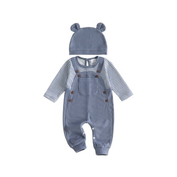 Cjfdfy Newborn Baby Boy Fall Outfit Mock Two-piece Overalls Romper Stripe Waffle Knitted Long Sleeve Bodysuit Hat Two Piece Set Infant Cute Coming Home Fall Winter Outfit