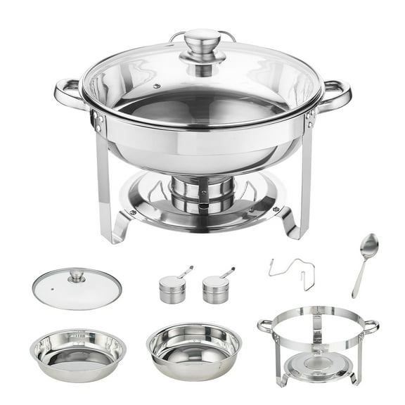 KFFKFF 2-Pack Round Chafing Dish Set with Full-Size 4Qt Pan Glass Lid Fuel Holder