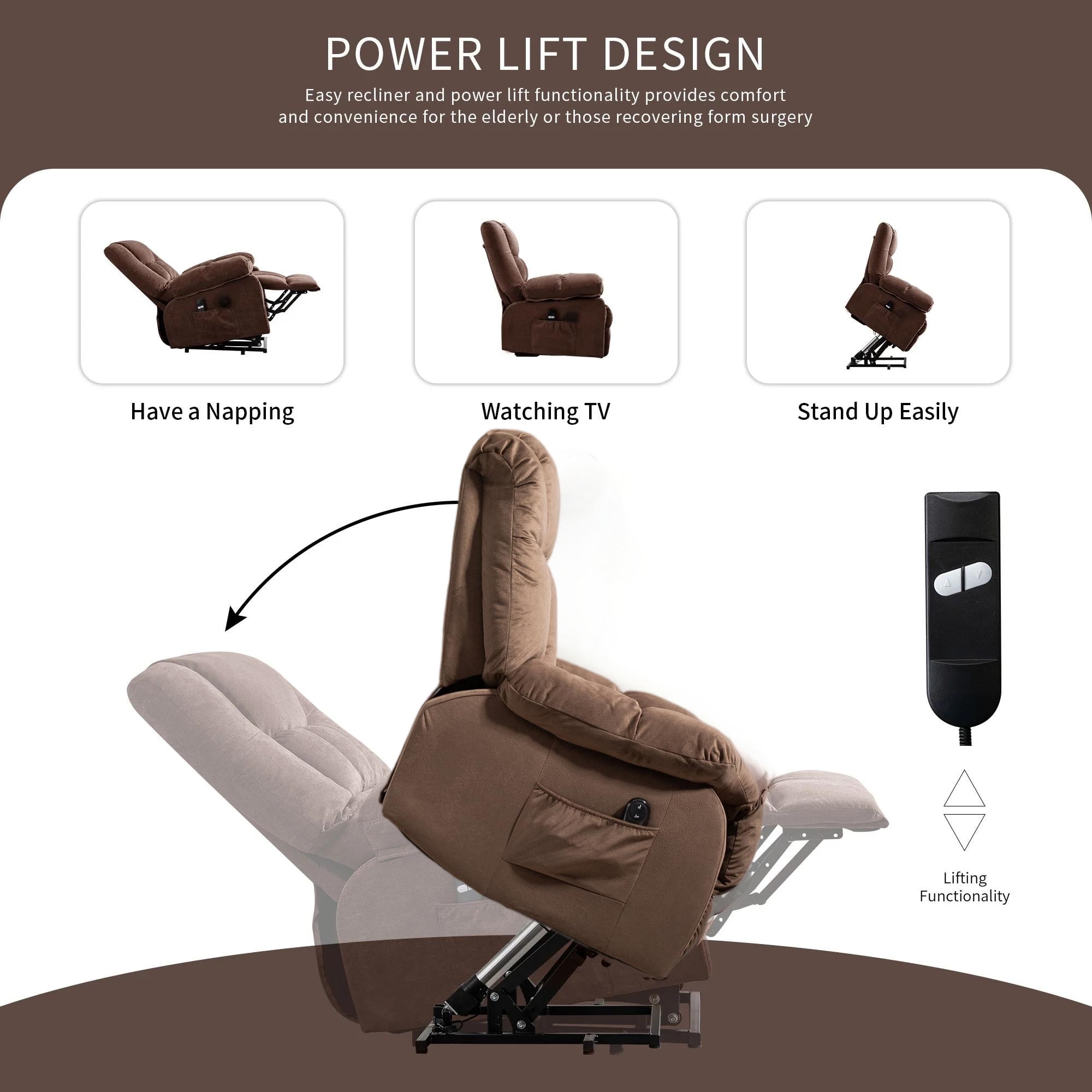 Aukfa Power Lift Recliner Chair Deep Seat Recliners with Infinite Position for Elderly Living Room, Brown