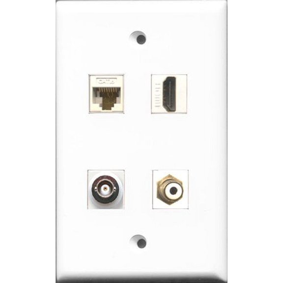 RiteAV 1 Port HDMI and 1 Port RCA White and 1 Port BNC and 1 Port Cat6 Ethernet White Wall Plate