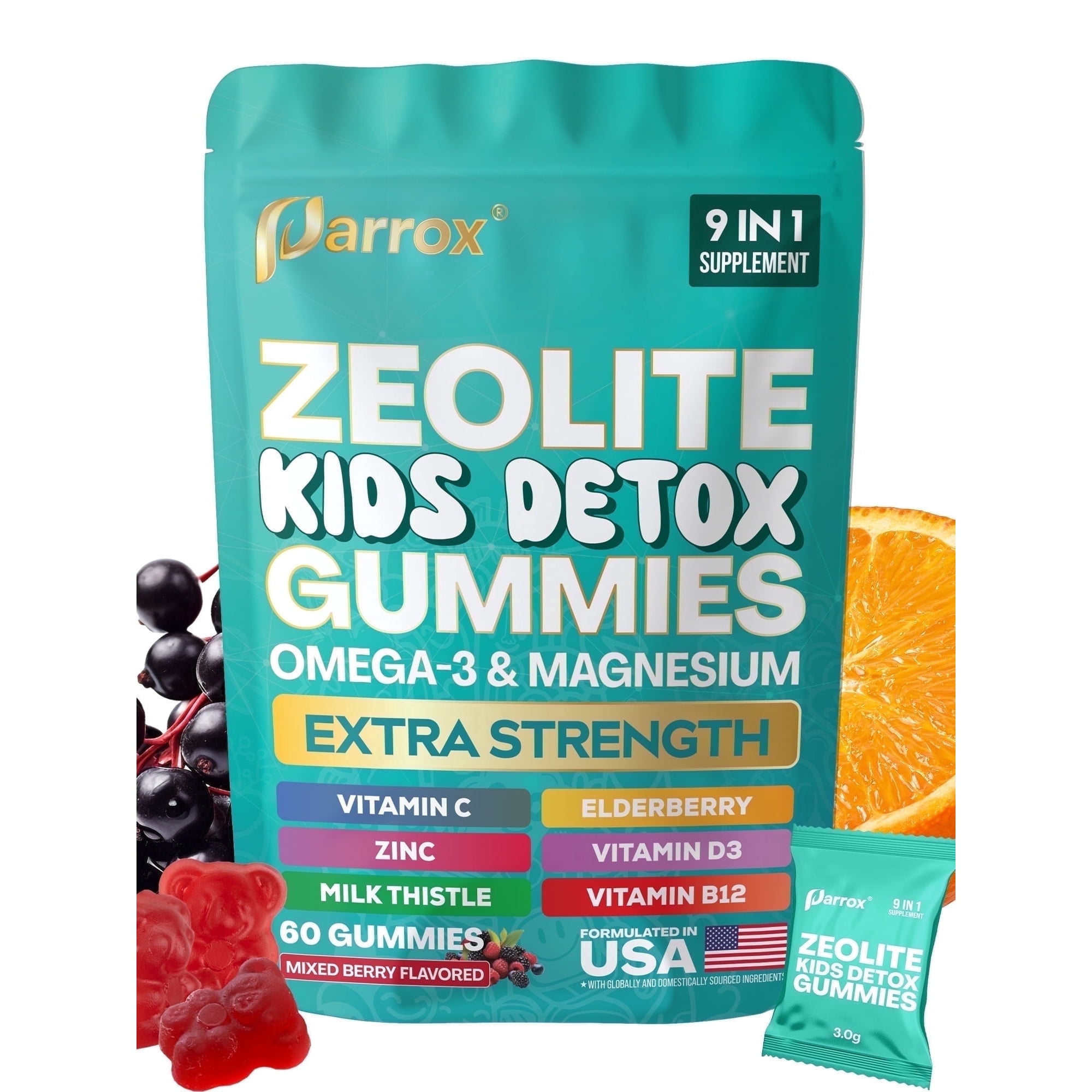 Parrox Zeolite Detox Gummies for Kids, Elderberry Extract 10mg, Kids Detox, Immune & Gut Health, Energy, Brain & Bone, Omega-3, D3, B12, Mixed Berry, 60 count