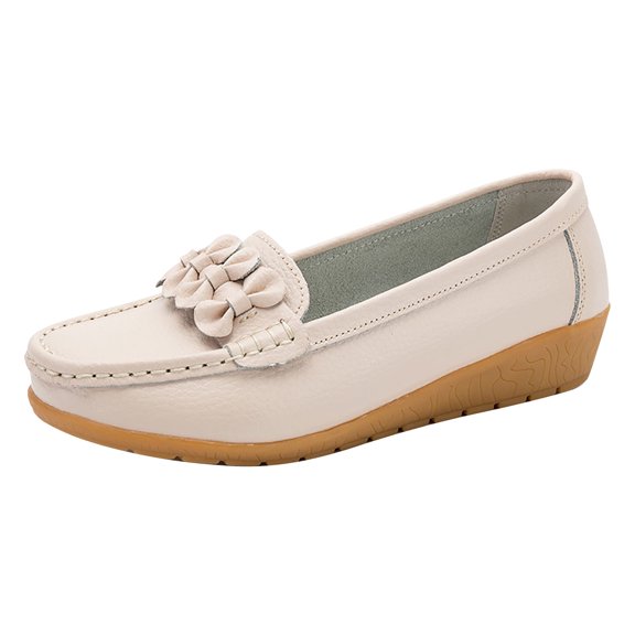 Xfvqtps Loafers for Women Micro Wedge Low Heel Slip on Bow Decor Close Toe Soft Sole Comfortable Non Slip Walking Casual Shoes Beige