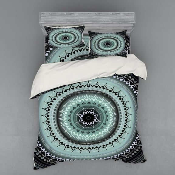 Mandala Duvet Cover Set, Vintage Yantra with Lines Path of Soul Inner Peace Energy Cosmos Design, Bedding Set with Shams and Fitted Sheet, 3 Sizes, by Ambesonne