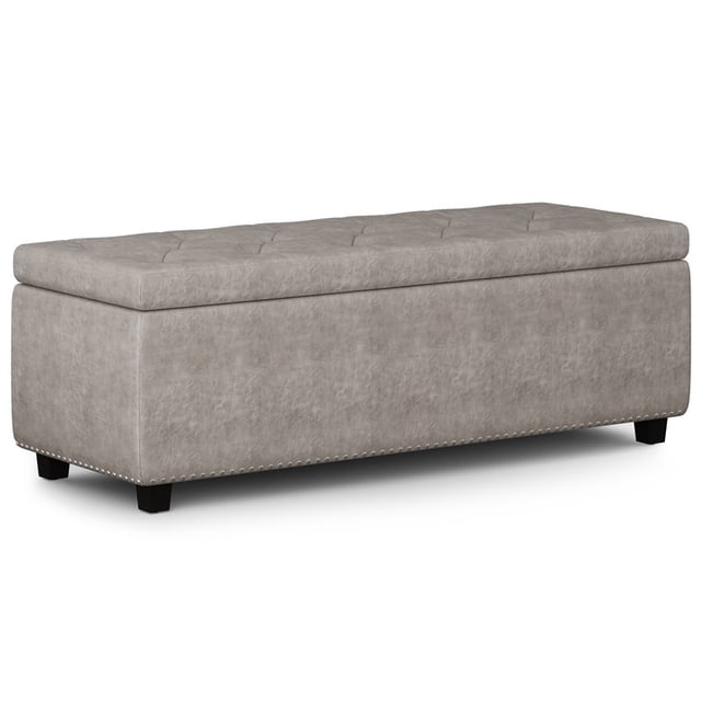 Simpli Home Hamilton 48" Transitional Rectangle Ottoman in Gray Faux Leather