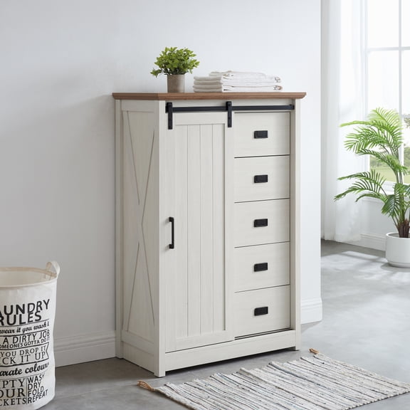 5 Drawers Dresser w/Sliding Barn Door, Farmhouse Modern Tall Dresser 5 Chest of Drawers, Storage Organizer Dresser for Bedroom, Hallway, Living Room