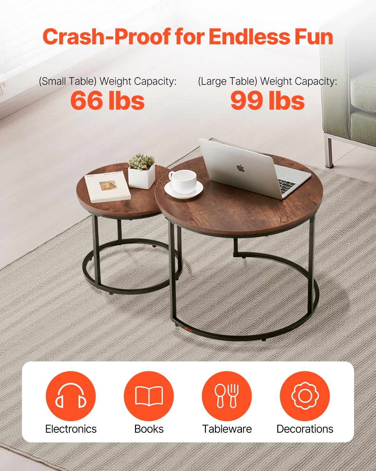 VEVOR Nesting Coffee Table Set of 2, 23.6 in Round Coffee Table,Nesting Tables for Small Place, End Side Tables Night Stand with Metal Frame, for Living Room, Bedroom, Office (Vintage Brown & Black)