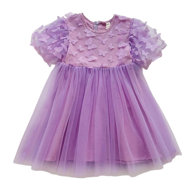 Robes Décontractées pour Bébés Filles Été Maille Couleur Unie Imprimé Papillon Col Rond Manches Courtes Robe de Danse Fête Vêtements de Sport, Violet, 18-24 Mois