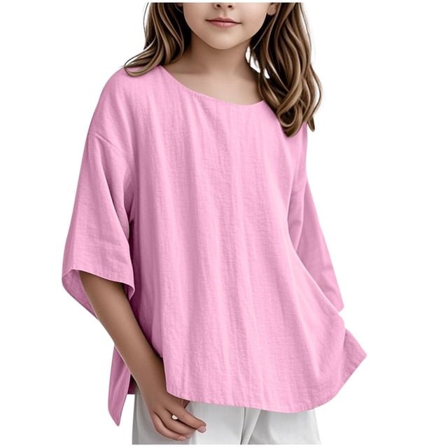 T-shirts Décontractés Unis pour Filles, en Lin et Coton, Col Rond, Manches 3/4, Coupe Ample