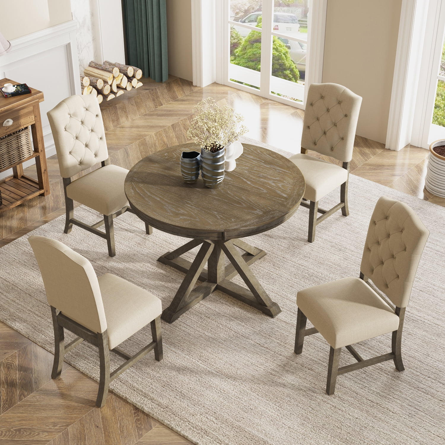 Kadyn 5 Piece Dining Set, Dining Table Set with Extendable Table and 4 Upholstered Chairs, Wood Kitchen Dining Set for 4, Natural Kadyn 5 Piece Dining Set, Dining Table Set with Extendable Table and 4 Upholstered Chairs, Wood Kitchen Dining Set for 4, Natural