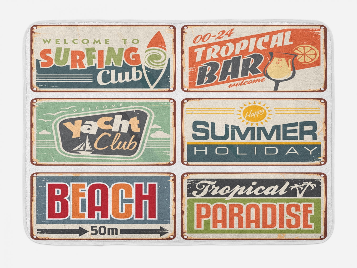 Retro Bath Mat, Summer Holiday Vintage Camping Beach Sign Boards in Old