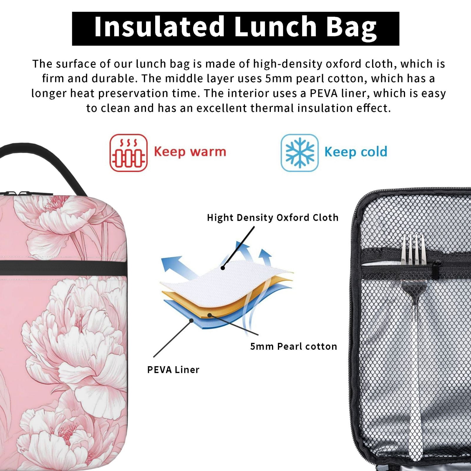Lunch Bag For Women Men Insulated Portable Lunch Box Bento Box Office Picnic Travel Cooler Bag Flowers (21)