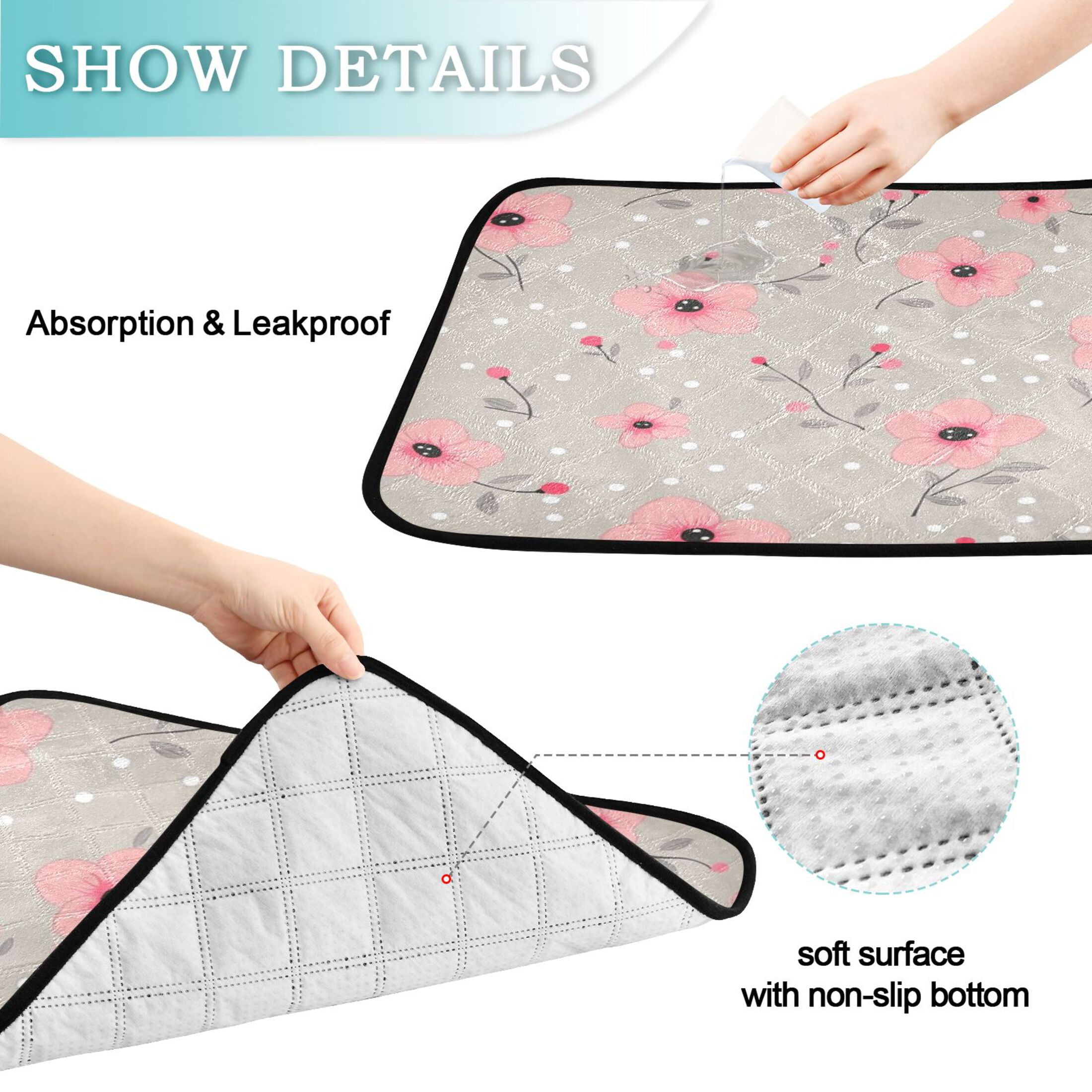 Washable Pet Pee Pads with Super Absorbent Reusable Training Pads for Dogs & Cats Pink Flowers Seamless Pattern