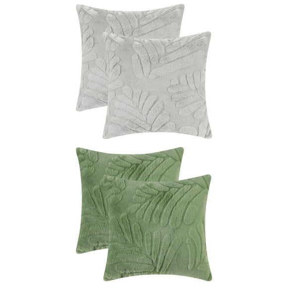 NOMADIC NOOK 4 Pcs Basho Leaf Pattern Pillow Covers Solid Fluffy Plush Square Cushion Covers Green/Grey 18" x 18"