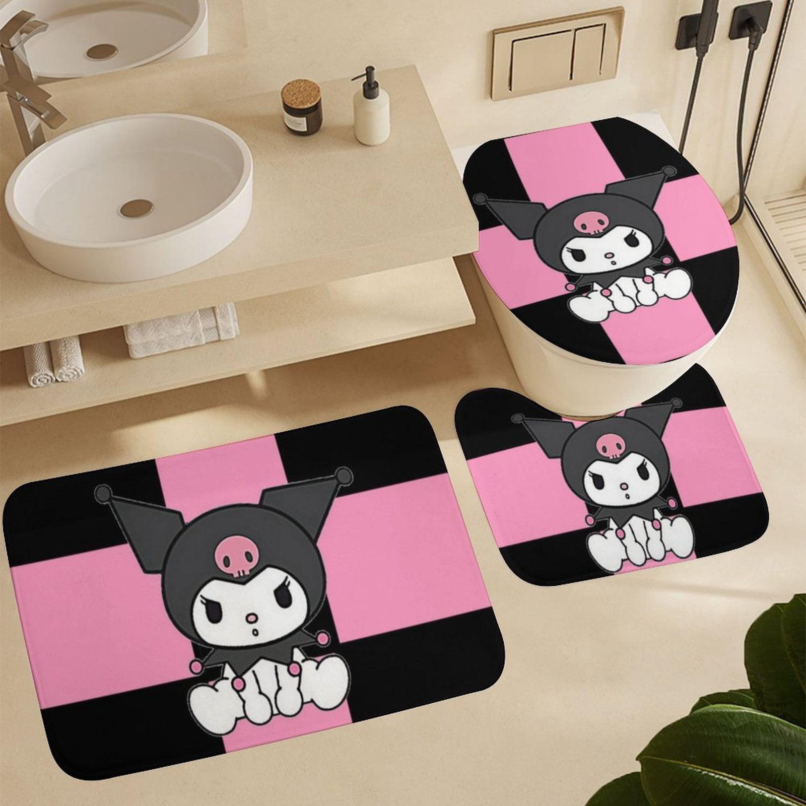 Kuromi Shower Curtain Sets 4 Piece Bathroom Set Shower Curtain Non-Slip Rugs Toilet Lid Cover Bath Mat Bathroom Decor