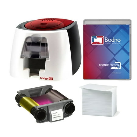 Badgy100 Color Plastic ID Card Printer (B12U0000RS) & Complete Supplies Package with Bodno ID