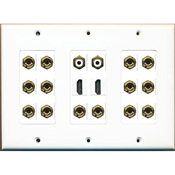 RiteAV 2 HDMI 2 RCA White 14 Banana 7.2 Speaker Wall Plate 3 Gang Decorative