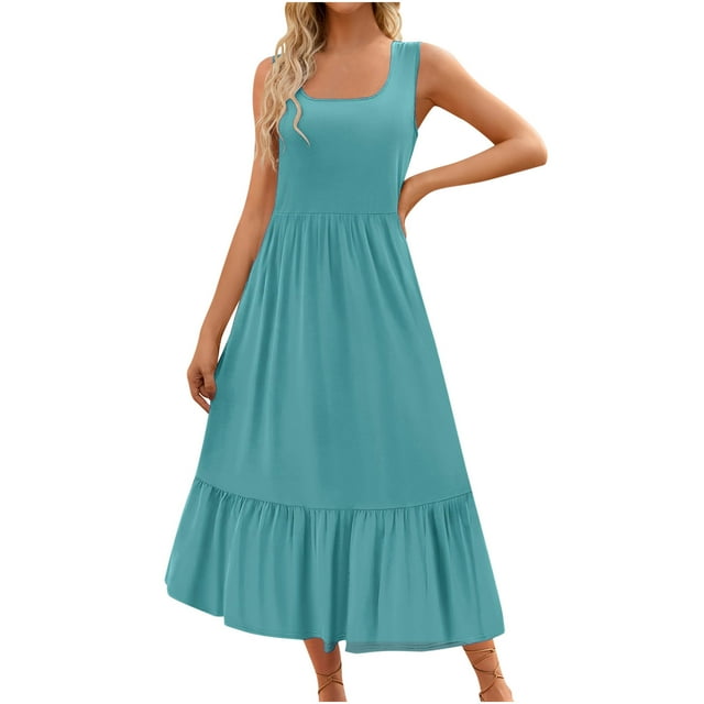 Meichang Robes Midi à Volants pour Femmes Aguichant Col Carré Sans Manches Robes d'Été Décontractées Vert P