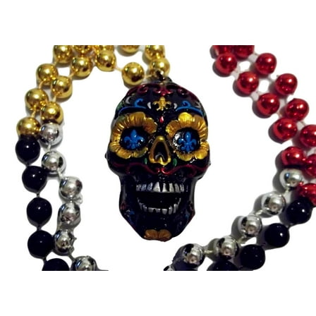 Black Sugar Skull Day of the Dead Mardi Gras Beads Party Favor Necklace