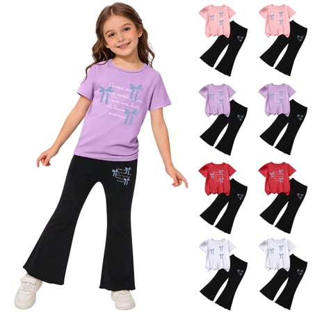 YHAJDS Girl 2 Piece Lounge Set Bow Print Round Neck Sweatshirt Jogger Pants Home Set