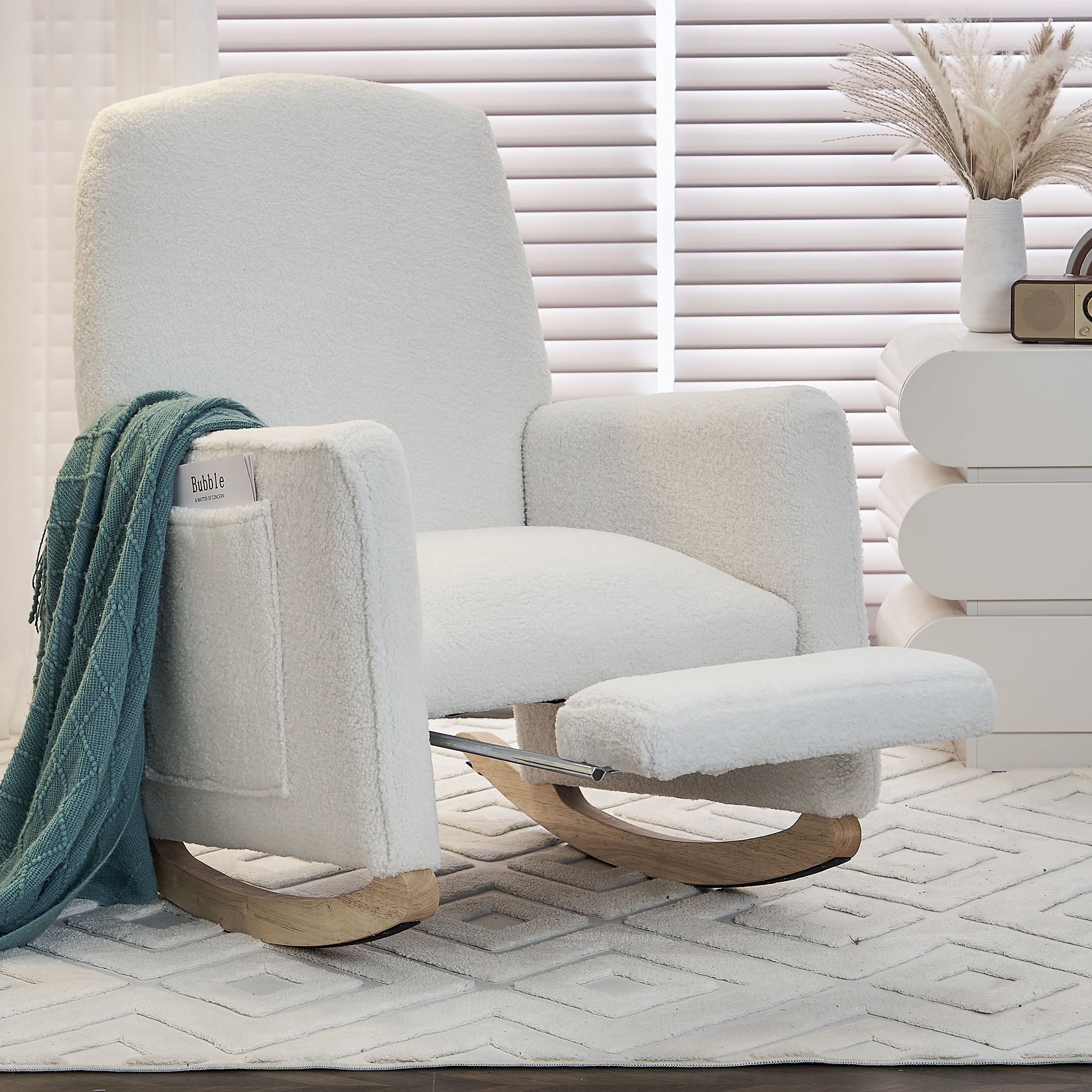 Cotton Linen Rocking Chair Adjustable Footrest, Wooden Legs 300 LBS Capacity Easy Assembly Living Room or Bedroom Furniture