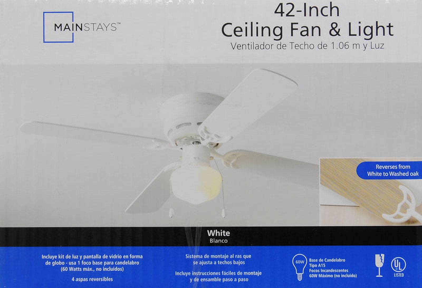 Mainstays 42" White Incandescent Flushmount Hugger Ceiling Fan with Glass Kit