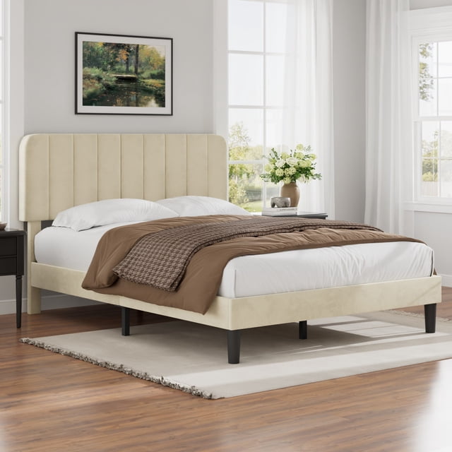 VECELO Full Size Upholstered Beds, Modern Platform Bed Frame with Adjustable Headboard, Wooden Slats Support/No Box Spring Needed, Beige