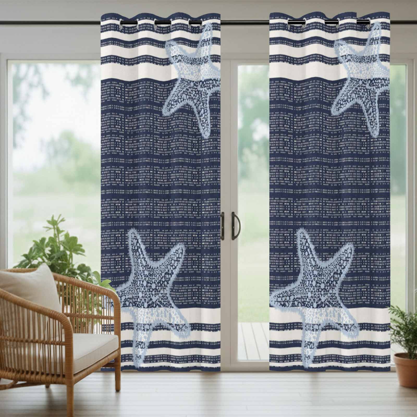 Pixel Navy Blue Star Outdoor Curtains for Patio, Modern Abstract Nautical Ocean Beach Starfish Stripe Sunshade Privacy Drapes Grommet Waterproof Outside Curtains for Porch Balcony 54"x108", 1 Panel