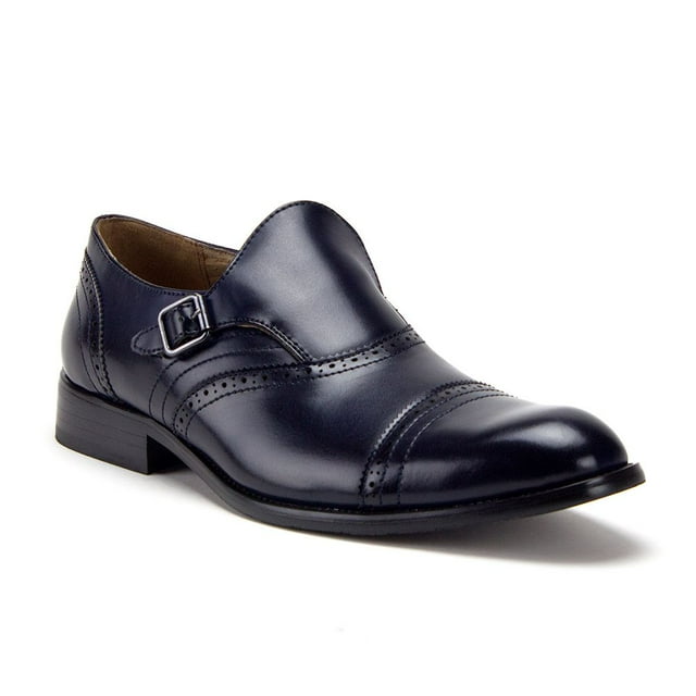 Jazame Men's 07332 Leather Lined Single Monkstrap Cap Toe Loafers Dress Shoes, Navy, 11
