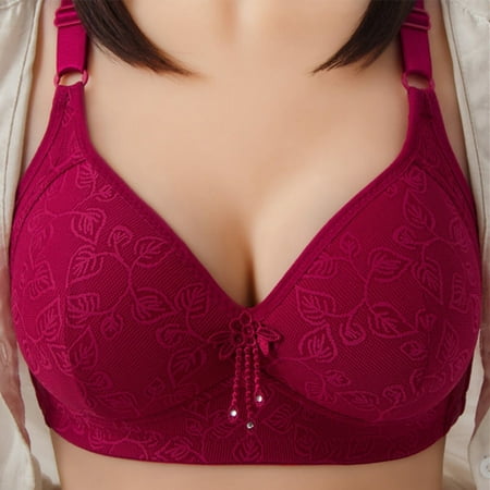 

Women Big Size Flower Wireless Push Up Bra Big Cup For Big Breasted Fat Full Coverage Thin Wire Free Back Closure Plaid Soft Bra Burgundy 95/42