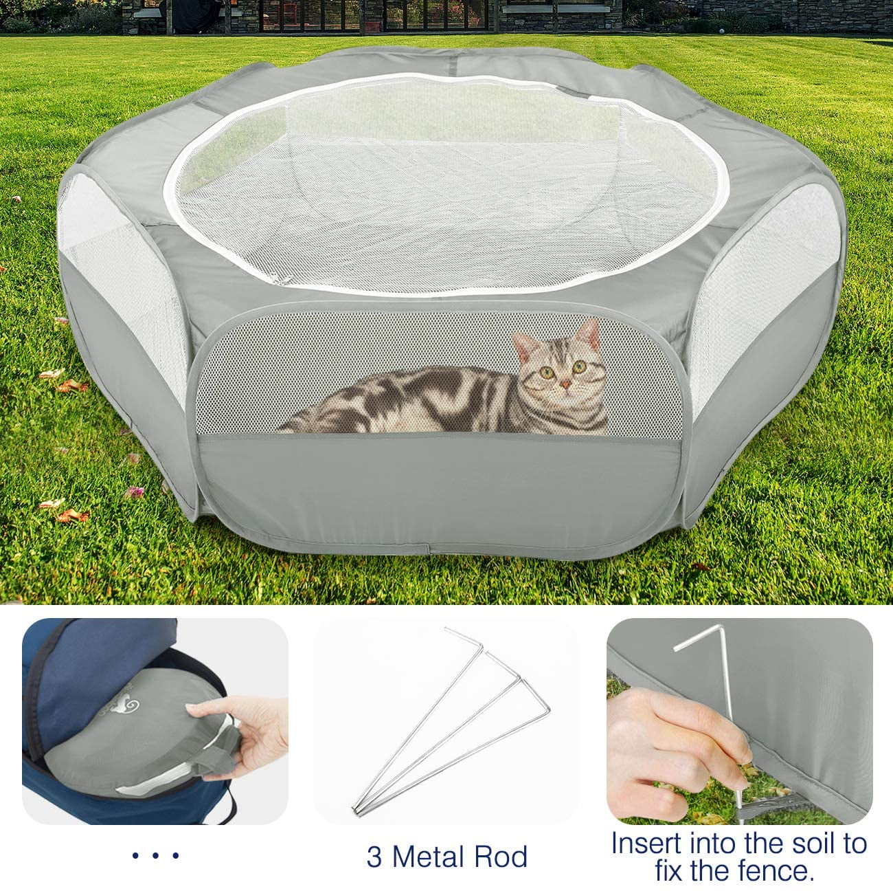 Pawaboo Small Animals Playpen, Breathable & Waterproof Small Pet Cage Tent with Zippered Cover, Portable Outdoor Yard Fence for Kitten/Puppy/Guinea Pig/Rabbits/Hamster/Chinchillas, Light Gray