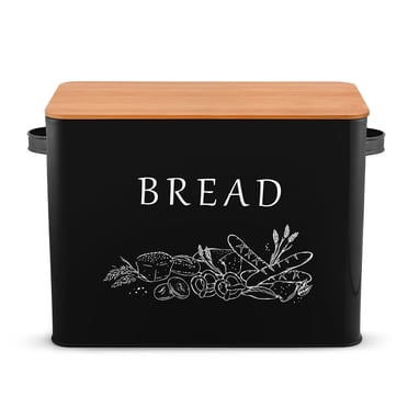 Walchoice Bread Box with Bamboo Lid for Kitchen Countertop, Farmhouse Metal Bread Storage Container Organizer, 13” x 7.2” x9.8”, Black