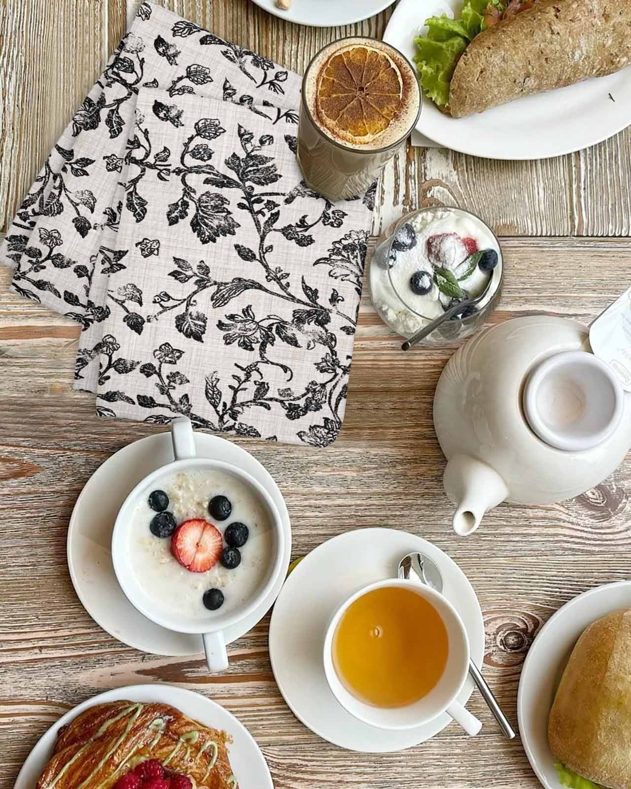 Farmhouse Black Kitchen Dish Towels for Drying Dishes Set of 3, Vintage Flower Leaf Botanical Plant Waffle Weave Microfiber Hand Tea Bathroom Towels Quick Dry & Absorbent Towel 15.7x23.6