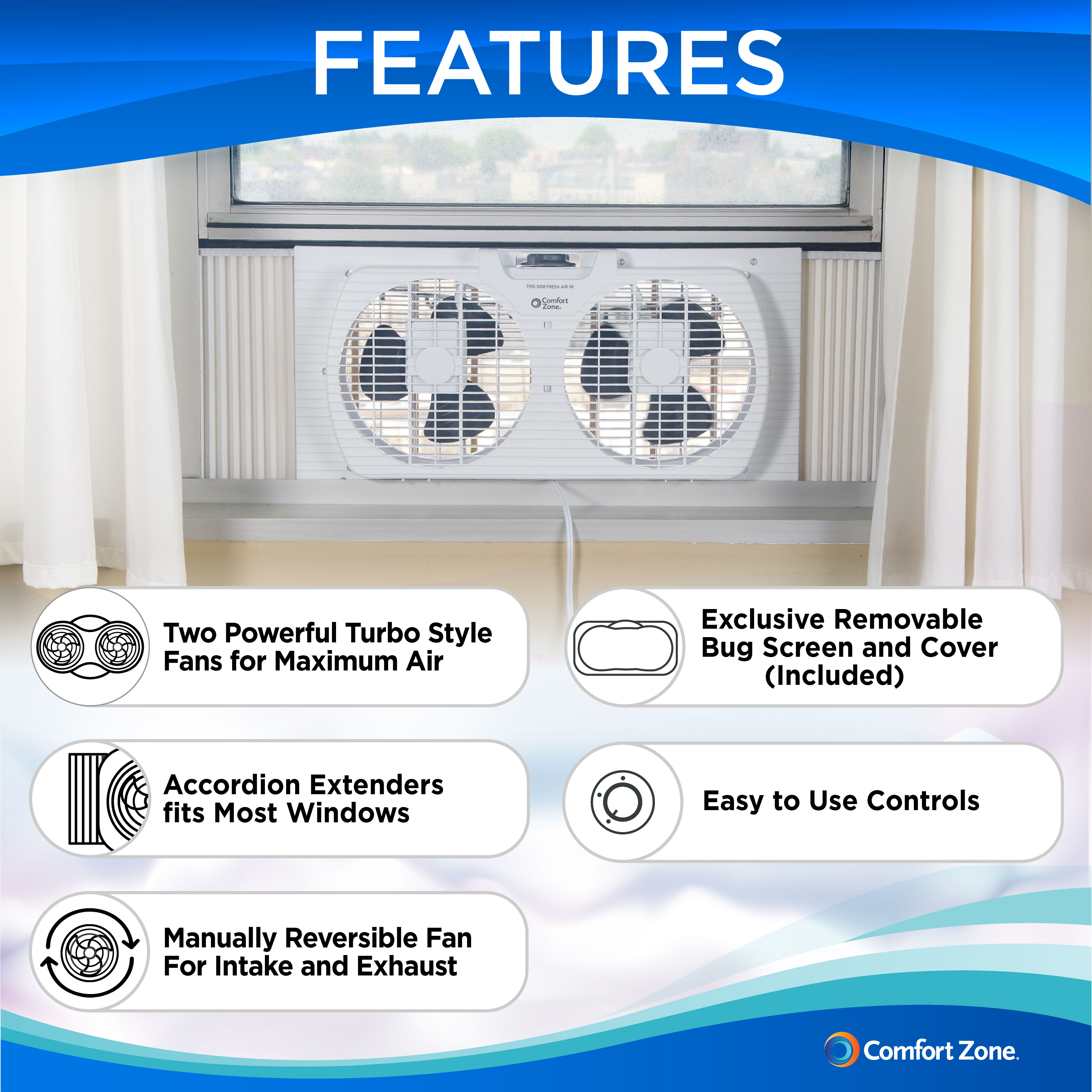 Comfort Zone 9" Twin Window Fan with Reversible Airflow Control, Auto-Locking Expanders and 2-Speed Fan Switch, White - image 2 of 7