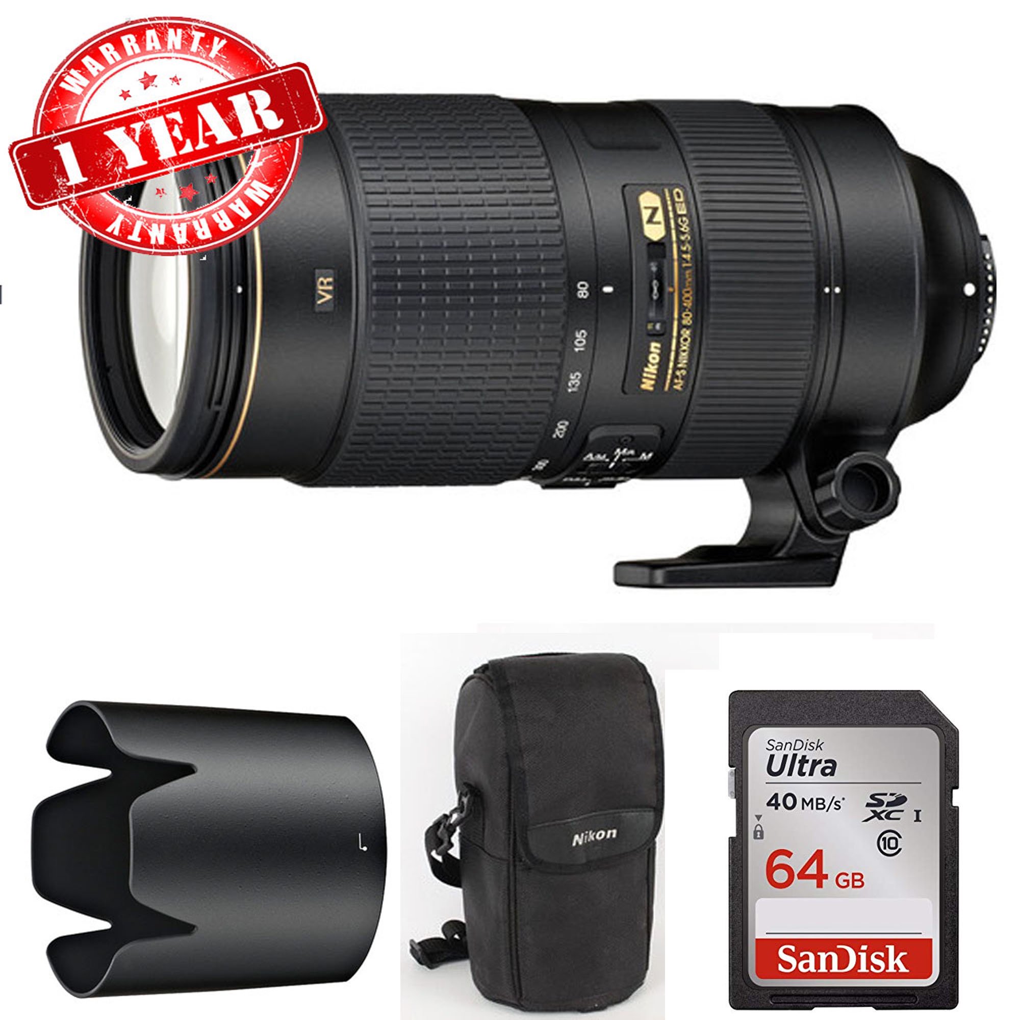 Nikon AF-S NIKKOR 80-400mm f/4.5-5.6G ED VR Lens w/ Sandisk 64GB