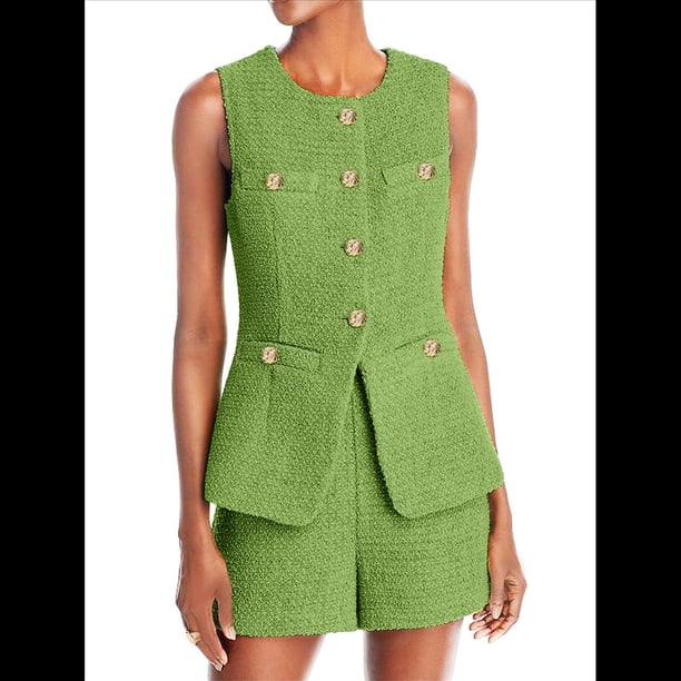 Conjunto de Traje Informal de Dos Piezas para Mujer, Sin Mangas, con Botones, Chaleco y Pantalones Cortos, Traje de Oficina. Verde M