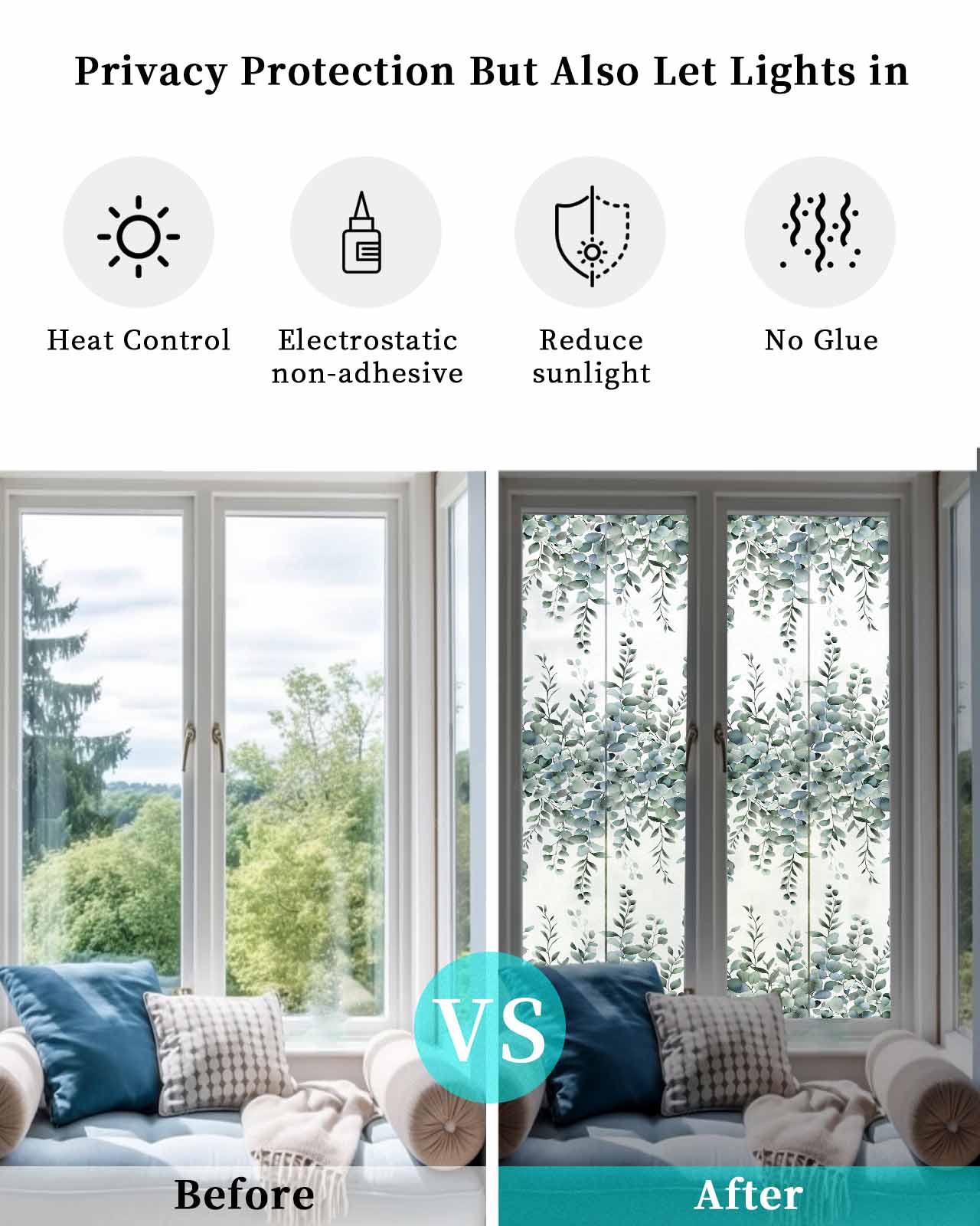 Window Privacy Film Green Eucalyptus Leaves Stained Glass Window Film Decorative Sun Block Window Cover Summer Botanical Watercolor Window Clings Static Adhesive Sticker for Bathroom 29.5"x118"