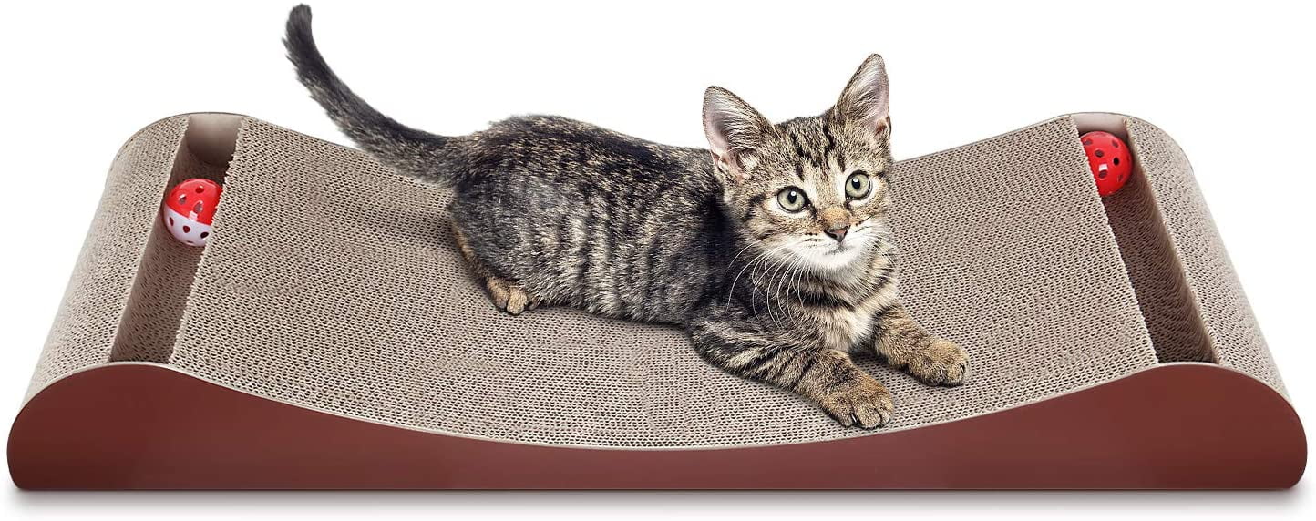 ScratchMe Cat Scratcher Cardboard Lounge Bed with Bell Ball Toy & Catnip, Brown, 1-Pack