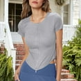 thumbnail image 4 of ZHYou Womens Zip Up Short Sleeve Tops,Active Slim Fit Stretchy Knit Ribbed Tees Round Neck Sport T-Shirts,Gray,S, 4 of 4