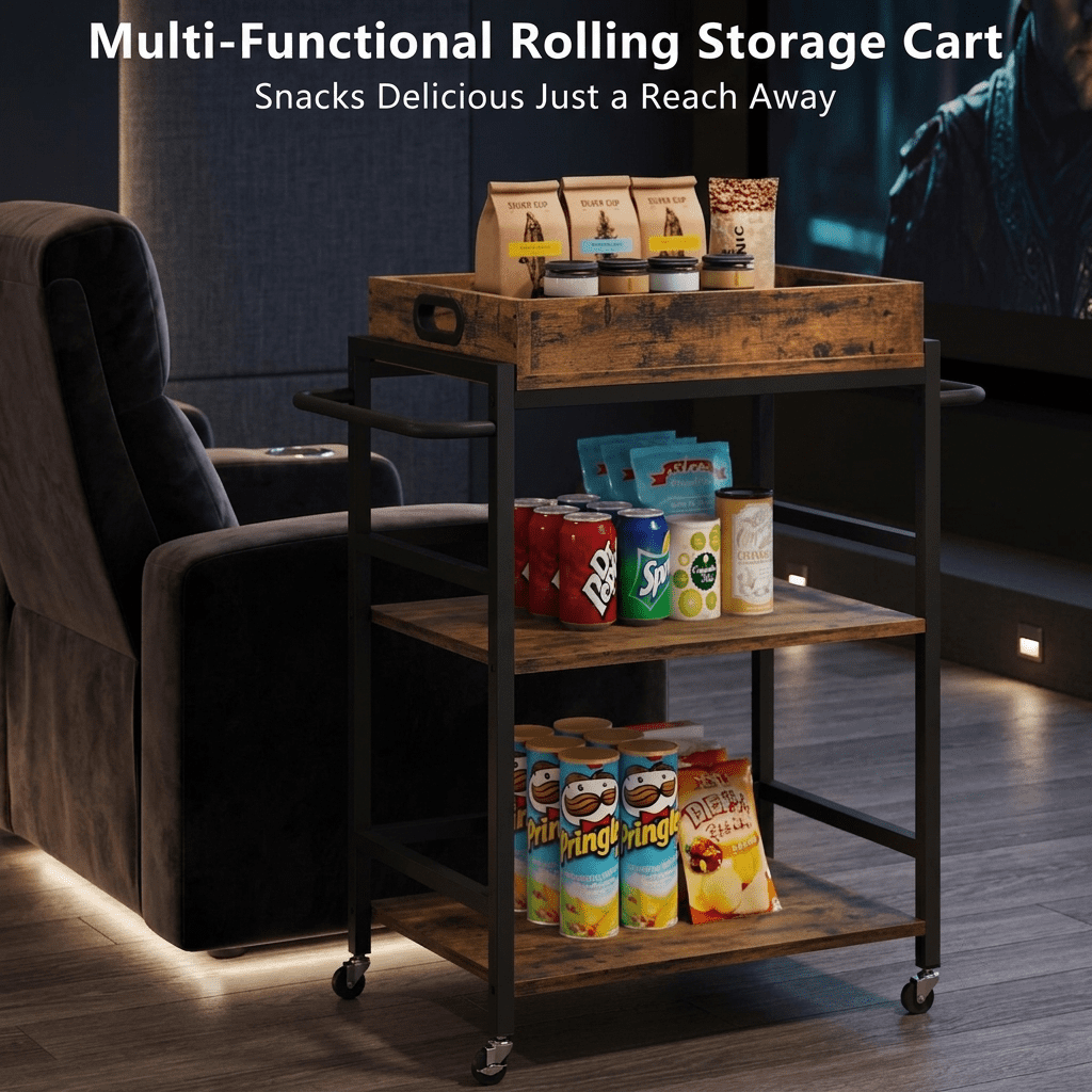 Fenbeli 3-Tier Rolling Kitchen Cart, Brown Wood and Metal Microwave Stand with Removable Storage Box and Locking Wheels, Coffee Cart for Kitchen Dorm and Laundry Room