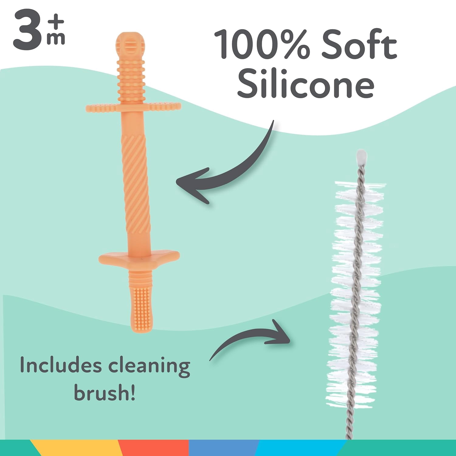 Nuby Silicone Tube Teether for Infants, Orange, Blue, and Green, 3 Count