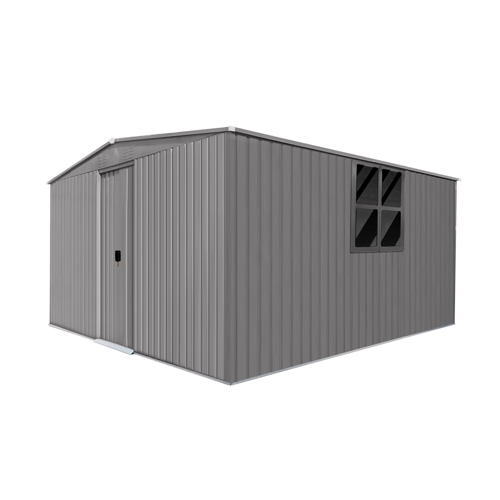 Versatile 11ft x 13ft Grey Outdoor Storage Shed – Dual Function as Metal Shed and Firewood Shed! Perfect for Organizing Tools and Storing Firewood in Style!